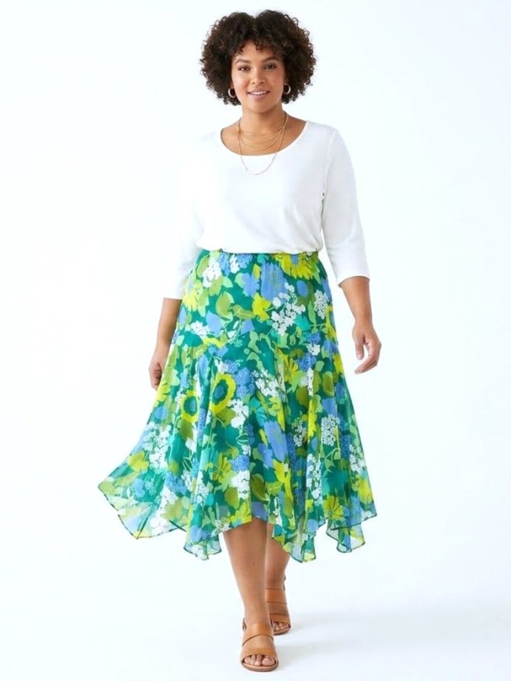 BOB MACKIE WEARABLE ART Floral Chiffon Midi Skirt. Plus Size 1X